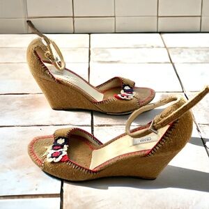 Vintage PRADA circa 2000’s Ankle Strap Wedge Heels. Crochet flowers